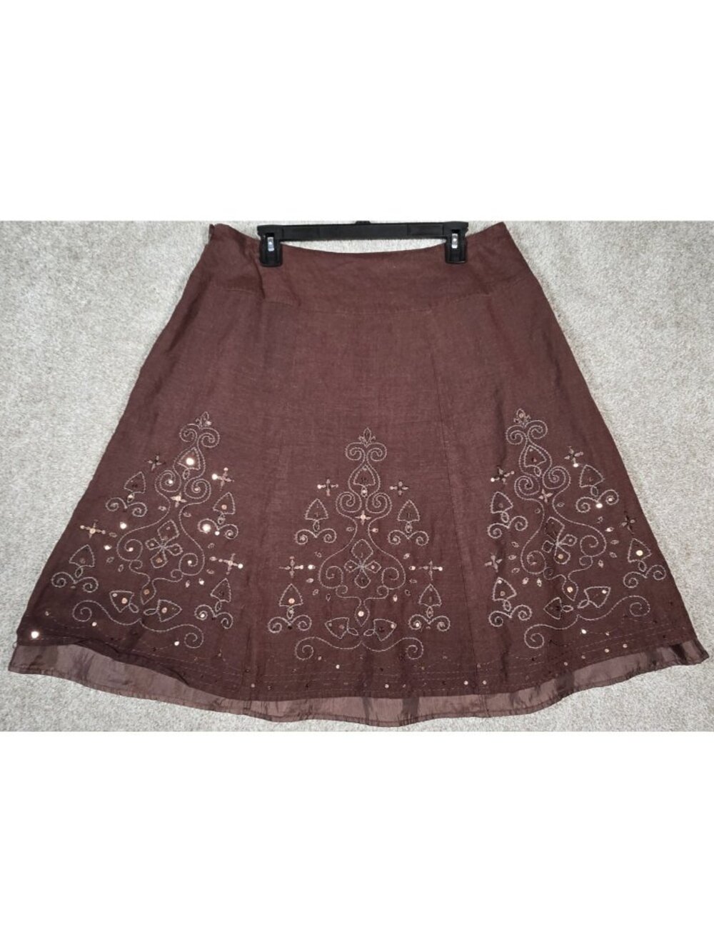 Dressbarn Brown Linen Blend A-Line Skirt Embroidered Sequin Boho Lined Women 16 - Picture 5 of 12